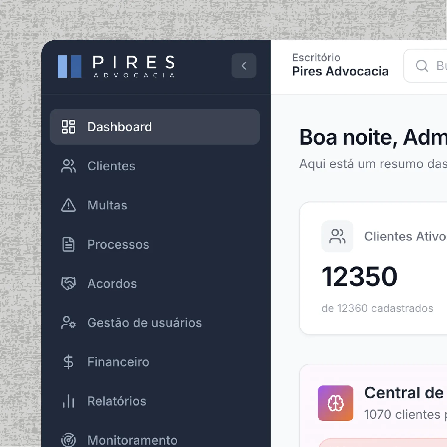 Painel do InfraJus com a marca Pires Advocacia